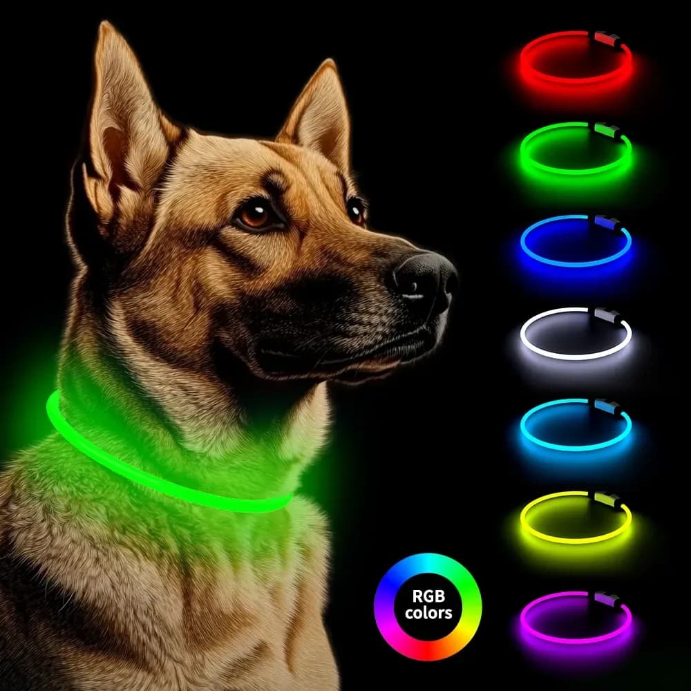 LED dog collar glowing green on a dog, with seven light colors