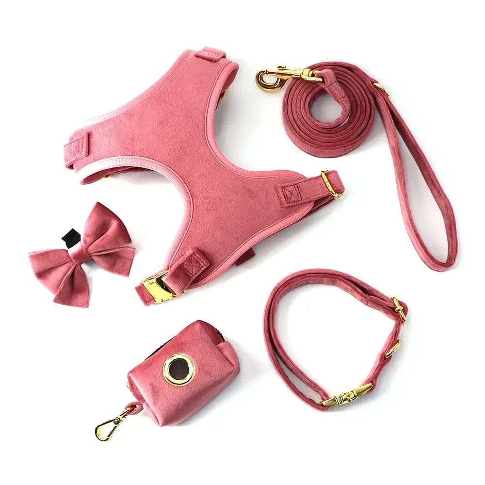 velvet dog harness set in dusty pink