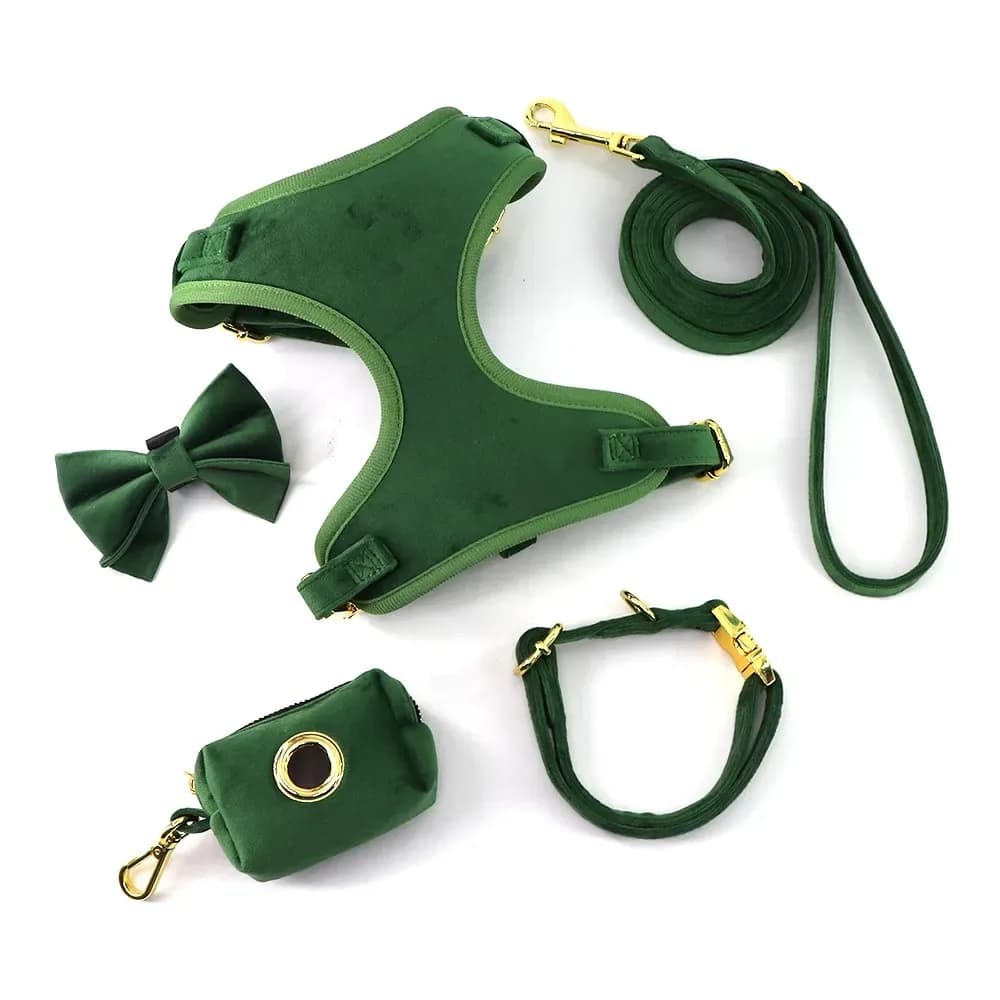 velvet dog harness set in forest green