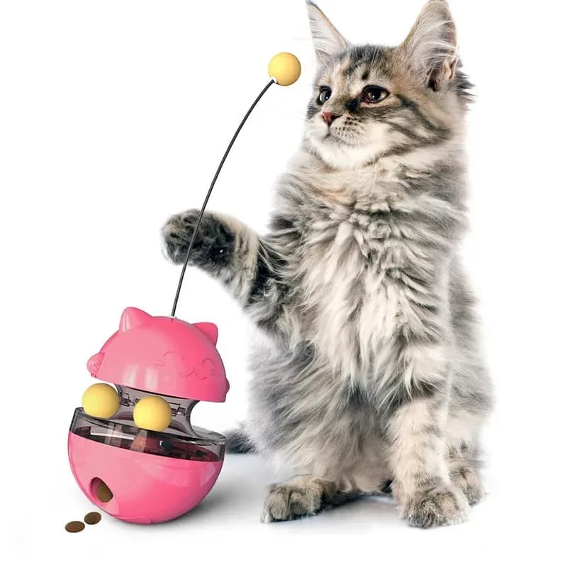 Kätzchen schlägt nach dem Federstab am rosa Futterball für Katzen