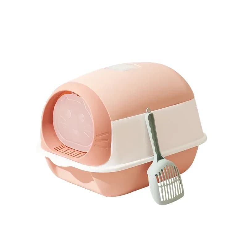 geschlossene Katzentoilette mit Deckel in der Farbe Rosa