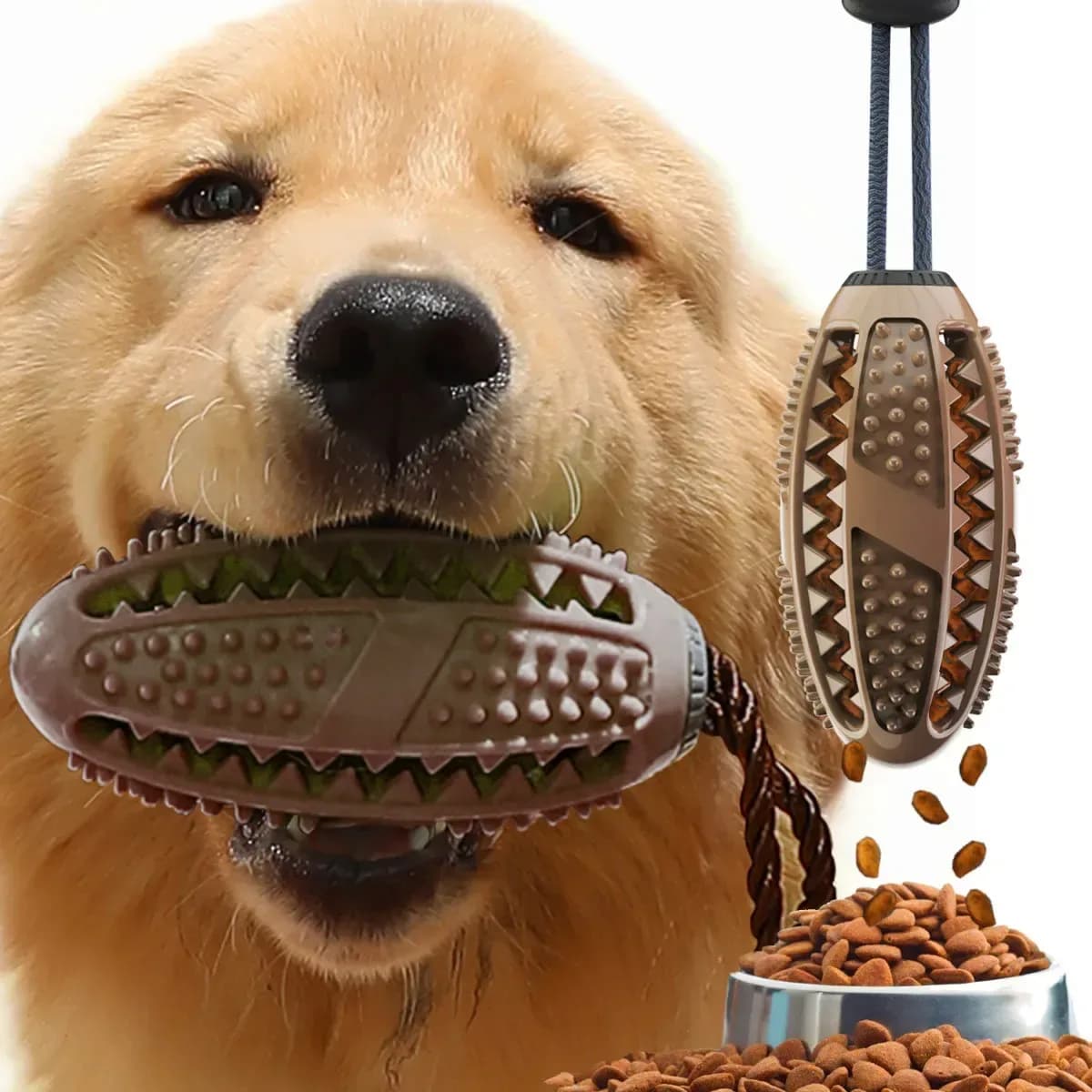 dog chew toothbrush toy in brown held by a golden retriever
