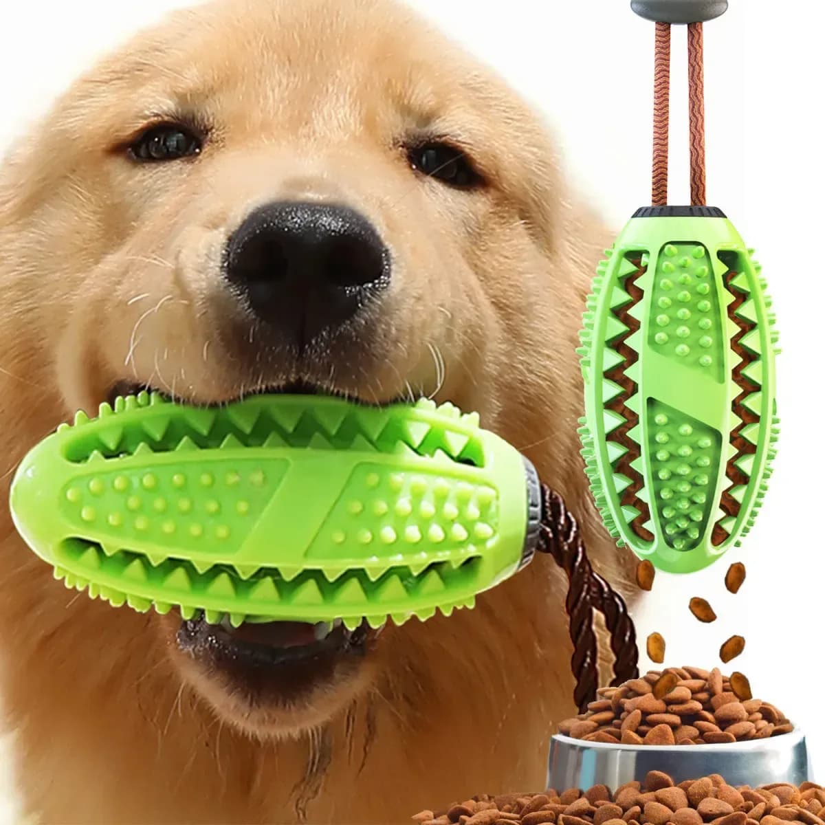dog chew toothbrush toy in green held by a golden retriever