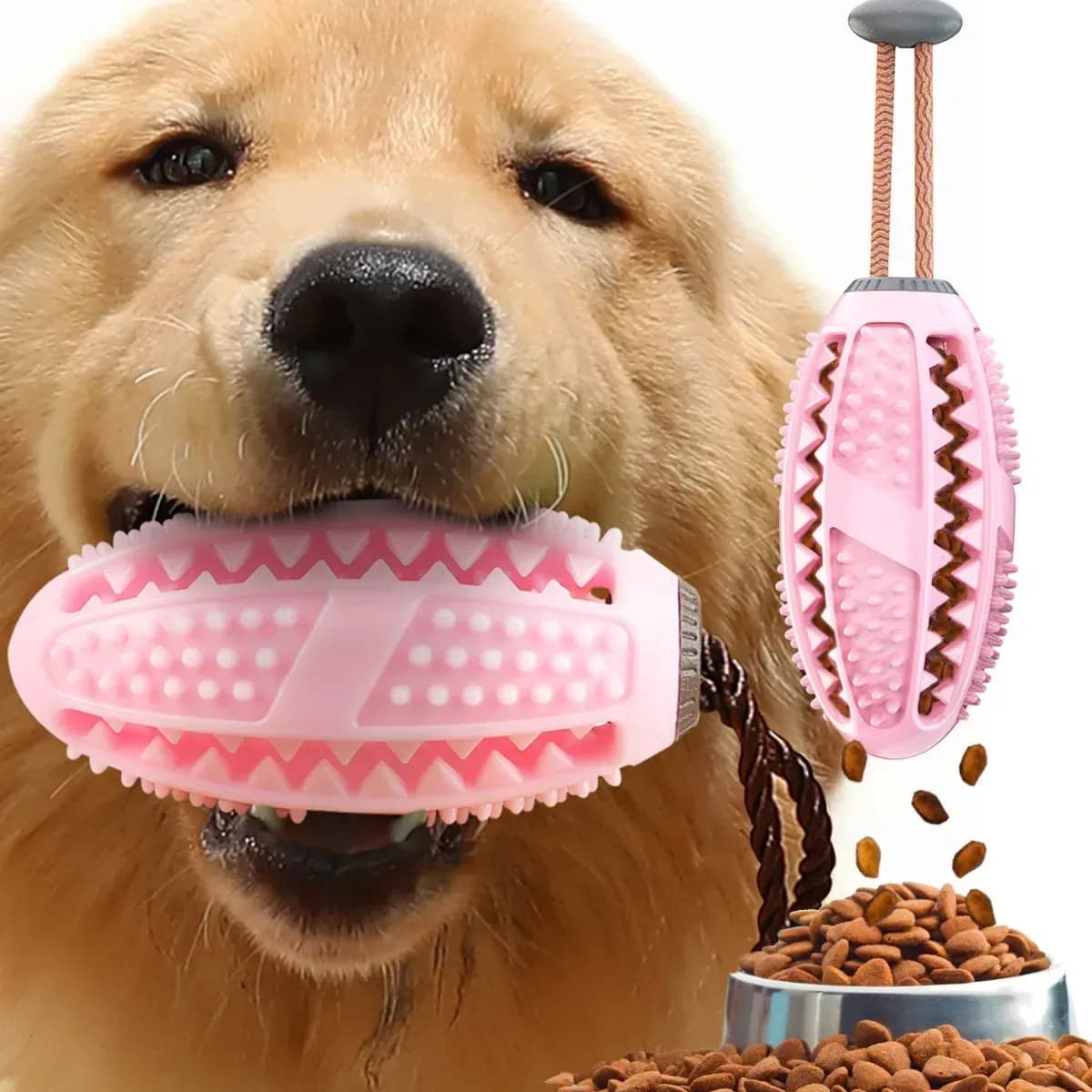 dog chew toothbrush toy in pink held by a golden retriever