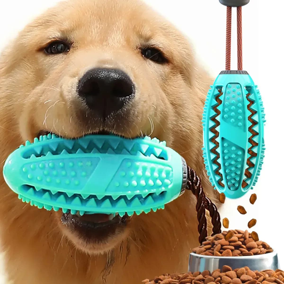dog chew toothbrush toy in teal held by a golden retriever