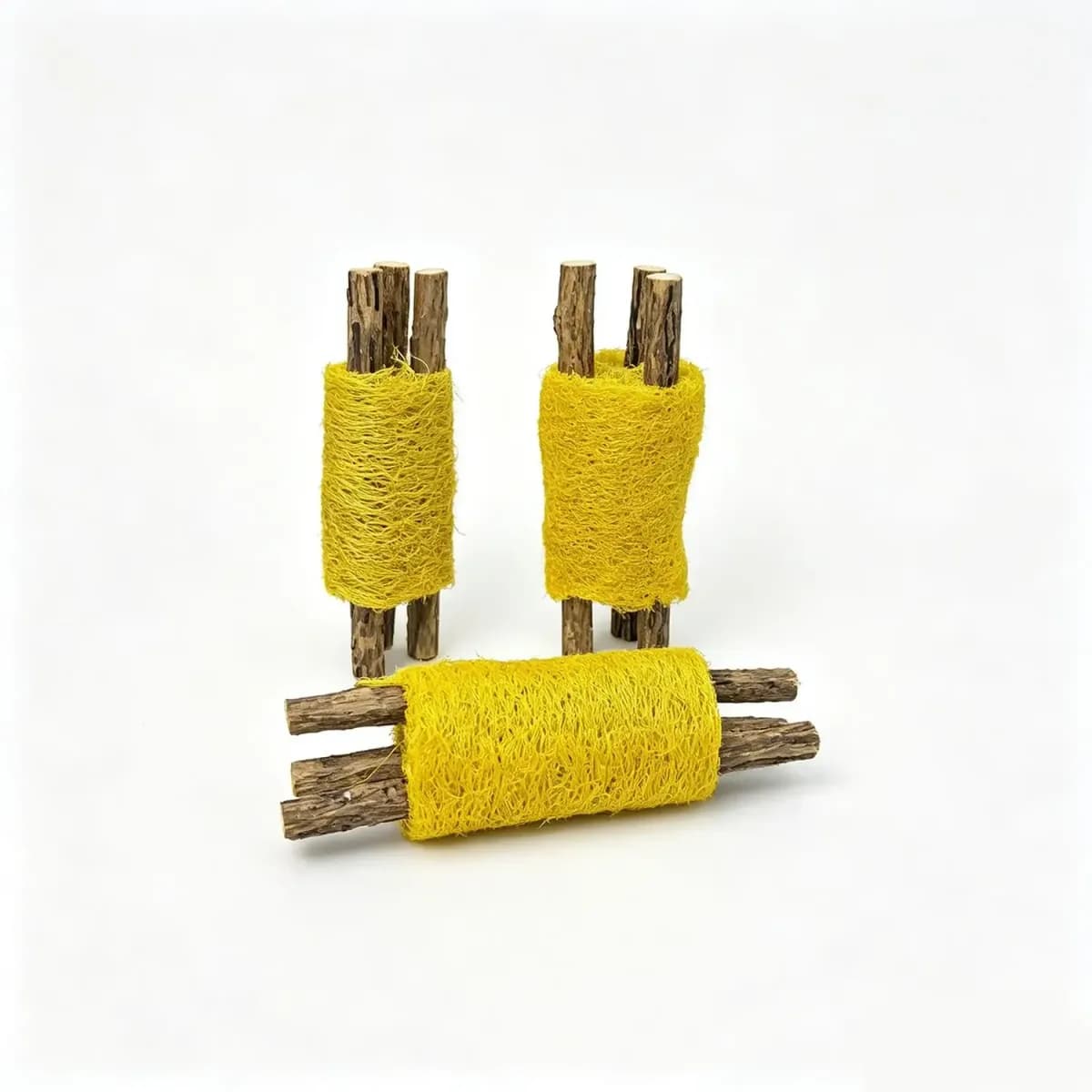 silvervine and loofah cat chew sticks on a white background