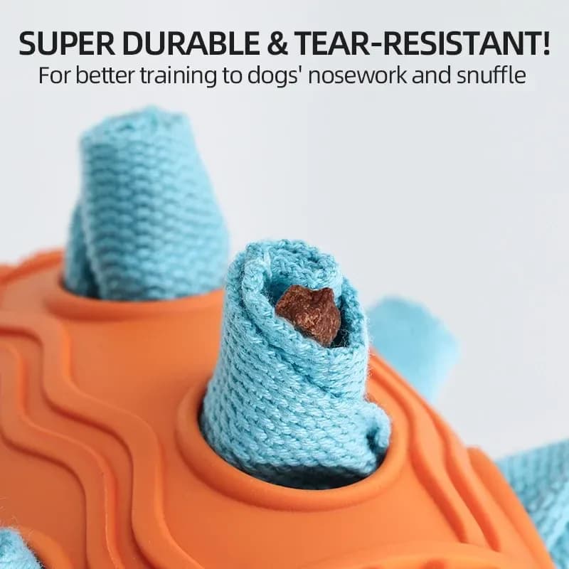 treat tucked into the fabric pocket of the snuffle ball