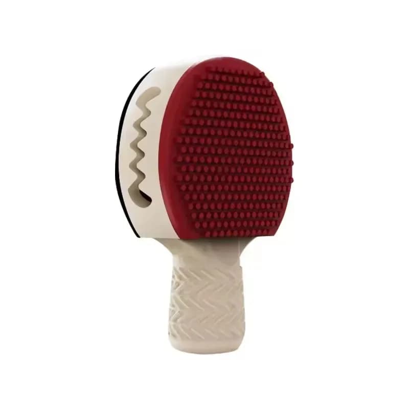 red racket style dog chew toy with bristled paddle