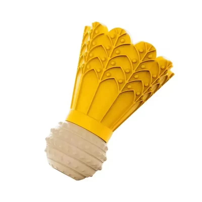 yellow shuttlecock dog chew toy with ridged base
