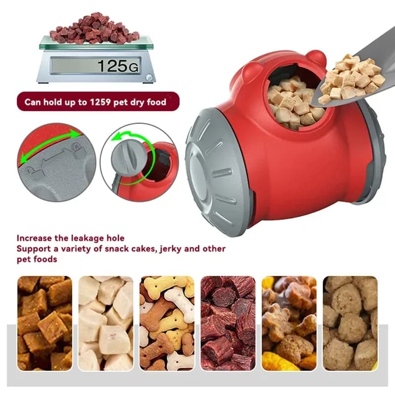treat dispensing dog toy holds about 125 g of dry food