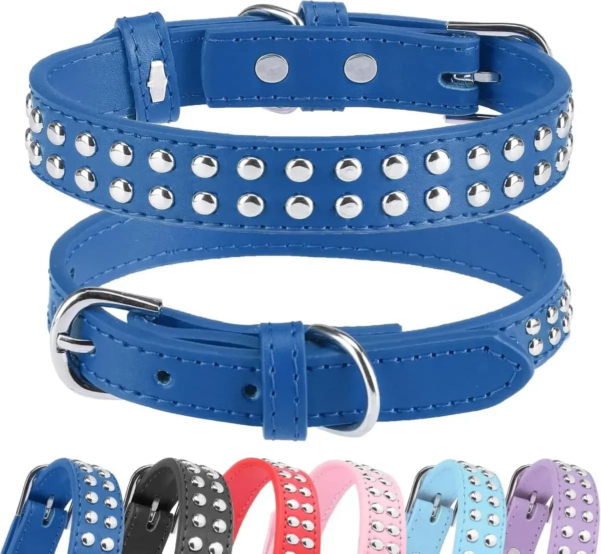 double row studded dog collar in dark blue