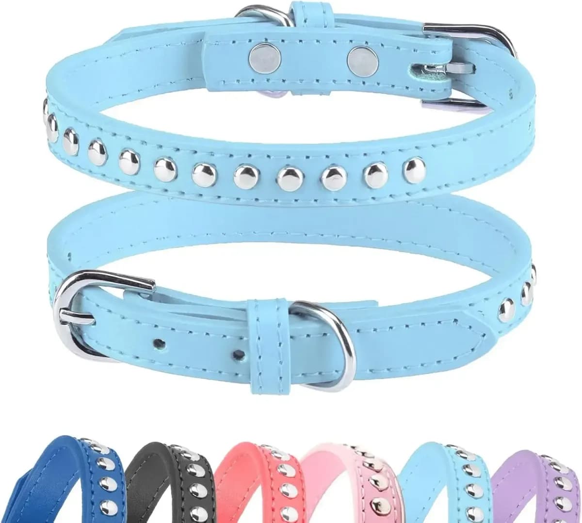 double row studded dog collar in light blue