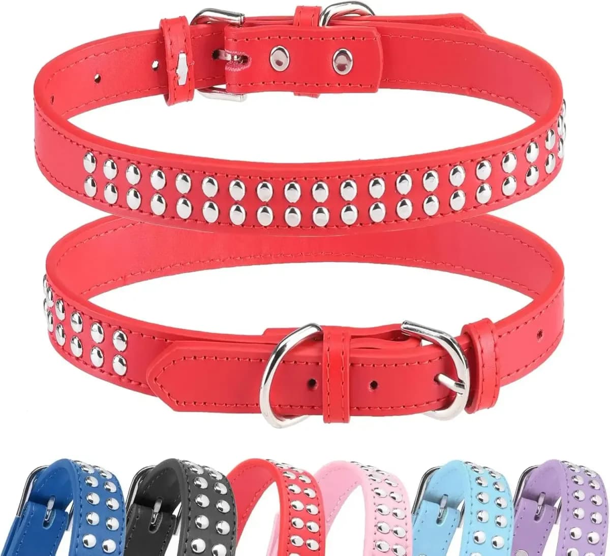 double row studded dog collar in red