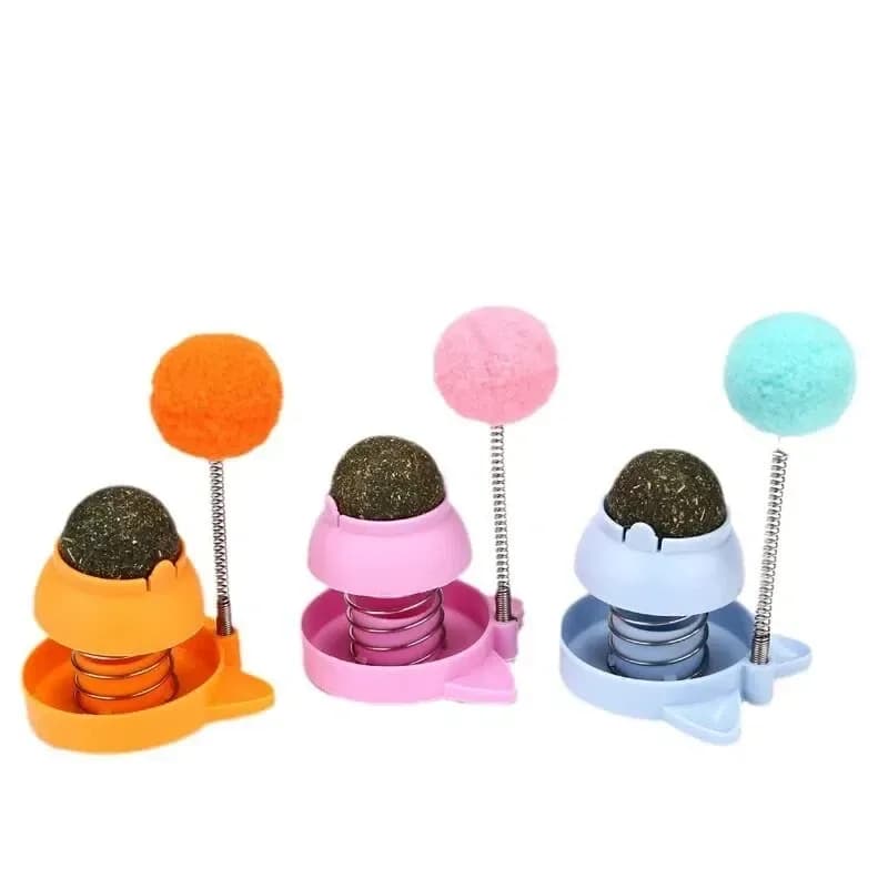 catnip ball cat toy in orange, pink and blue