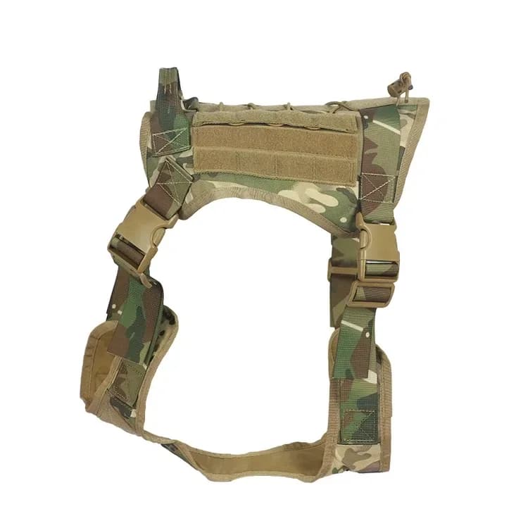 camo tactical dog harness front view with quick release buckles