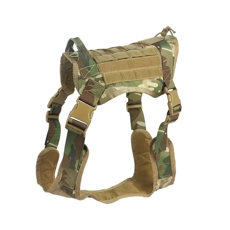 tactical dog harness in camo, side view with grab handle