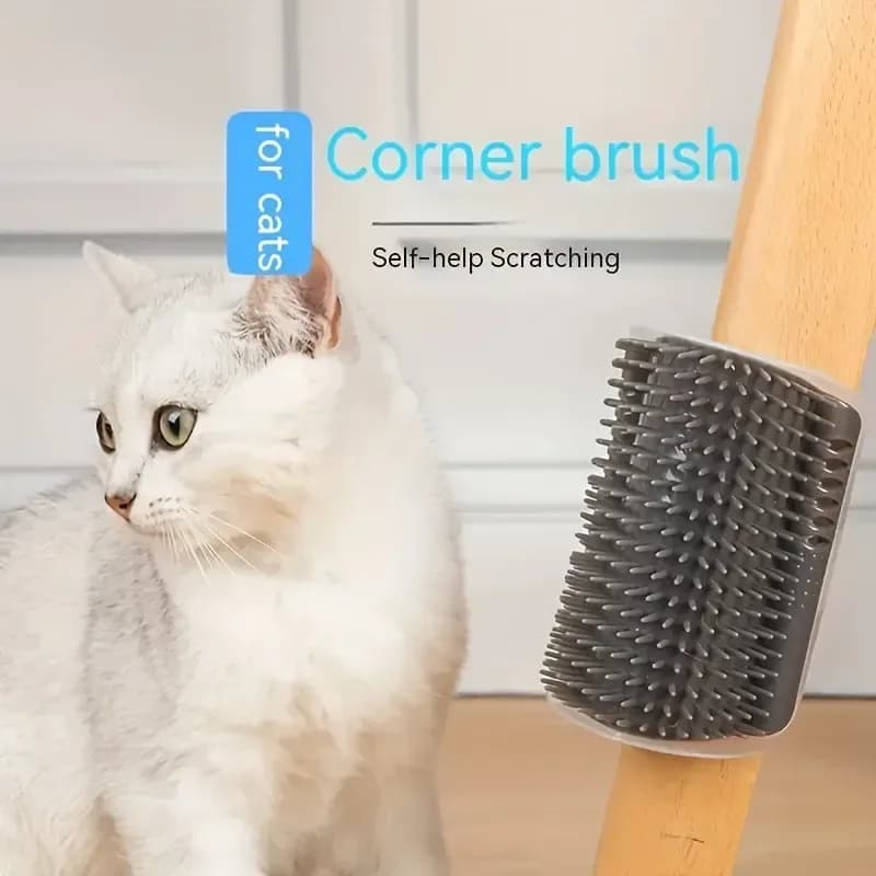 cat corner self groomer mounted on a wooden leg