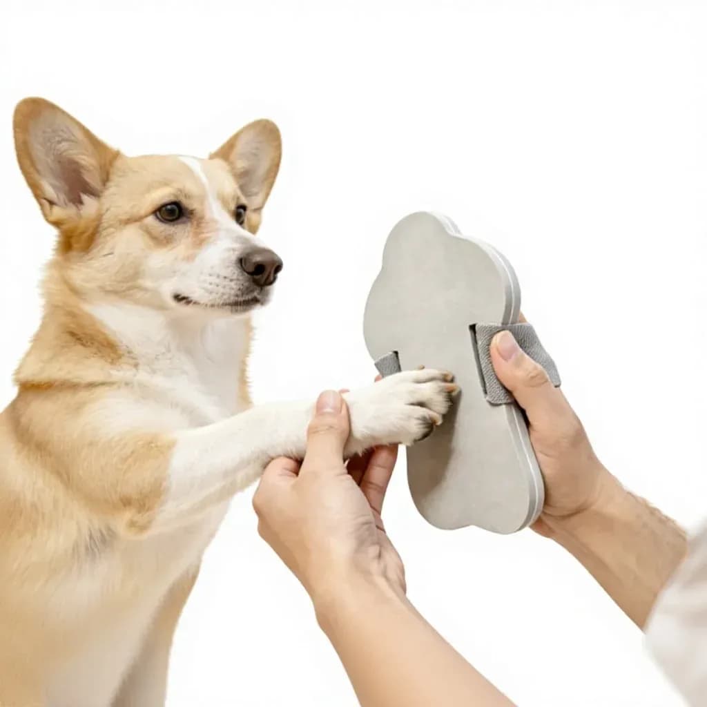 corgi having its nails filed on a dog nail file board