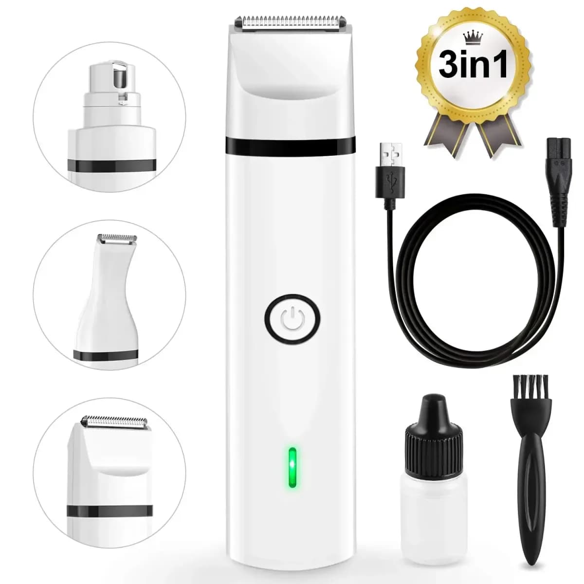 3 in 1 pet grooming kit with trimmer heads, nail grinder, USB cable, brush and oil