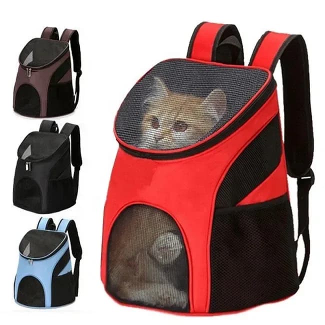 mesh pet carrier backpack in red with a cat inside