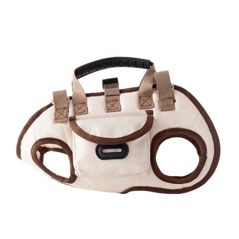 cream dog carrier sling bag with coffee brown trim