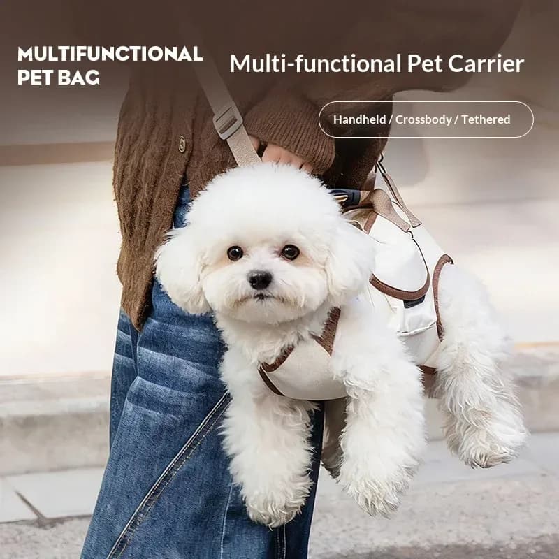 dog carrier sling bag worn crossbody with a small white dog