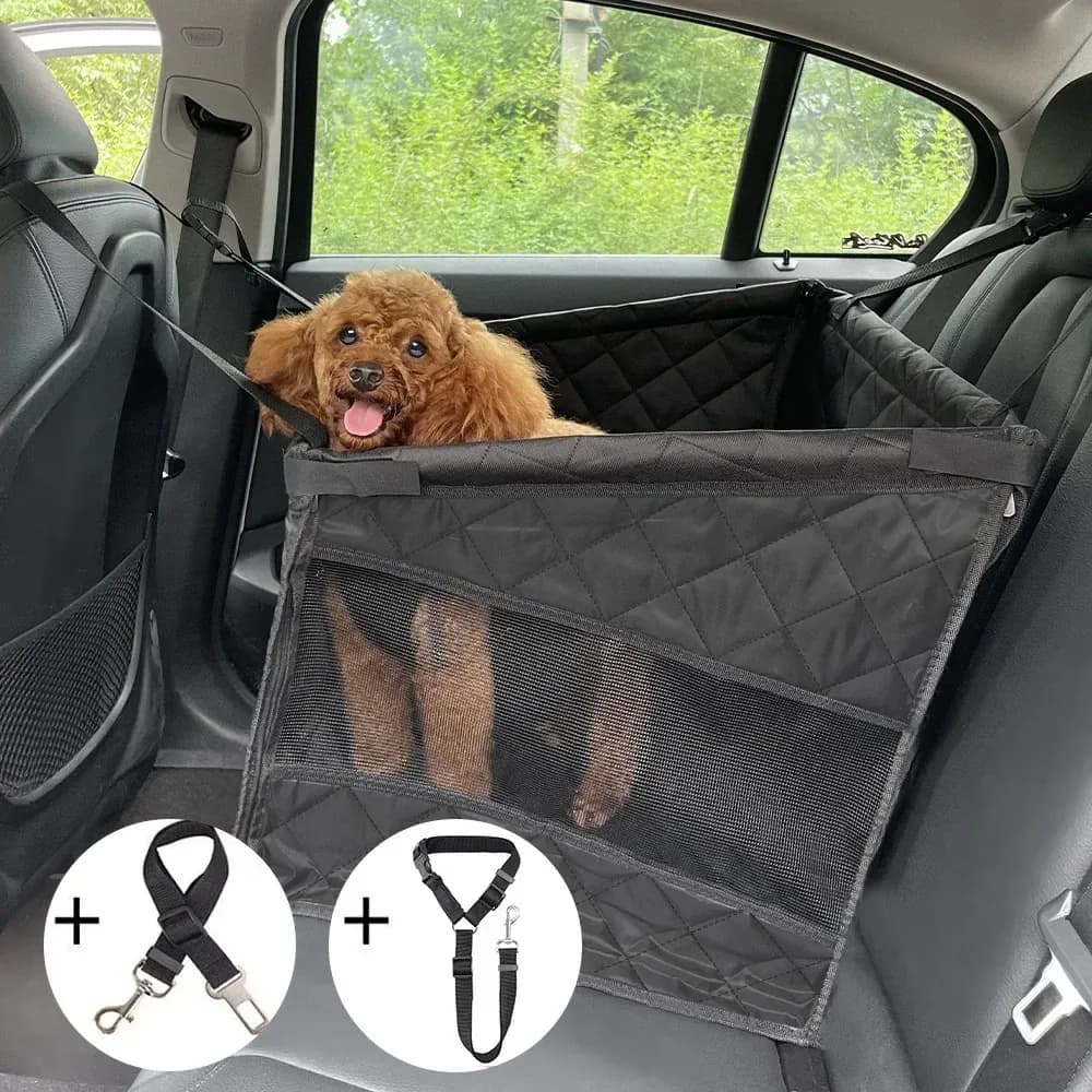 dog car booster seat with mesh side and two pet seat belts