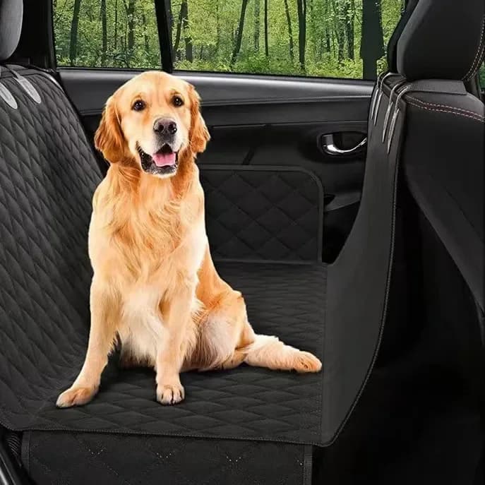 black dog back seat cover with side flap and a golden retriever