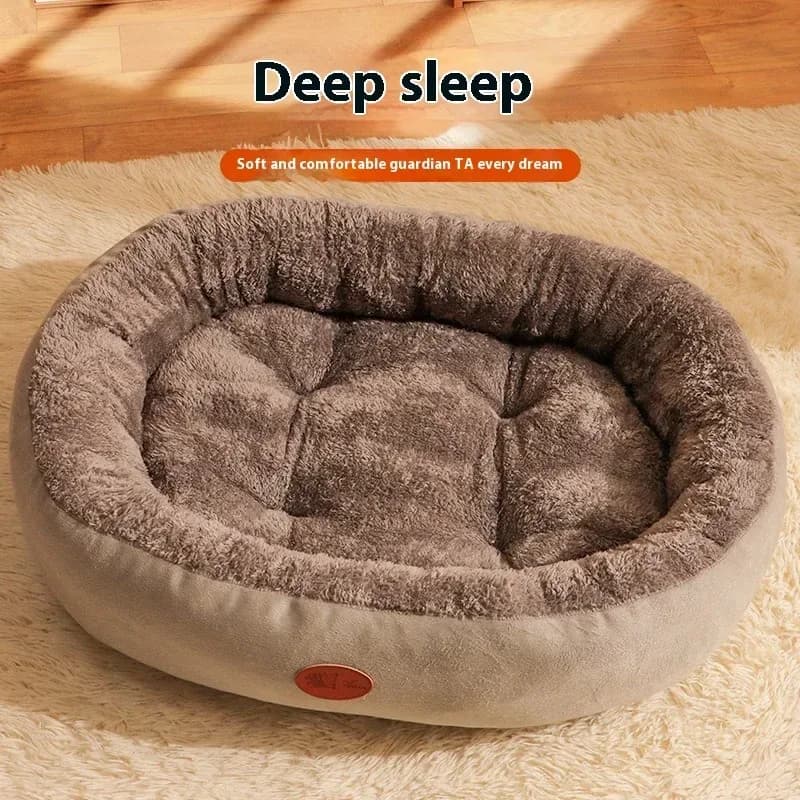 plush oval dog bed in grey with taupe faux fur lining