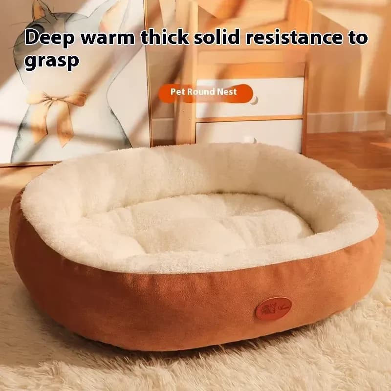 orange plush oval pet bed with cream lining