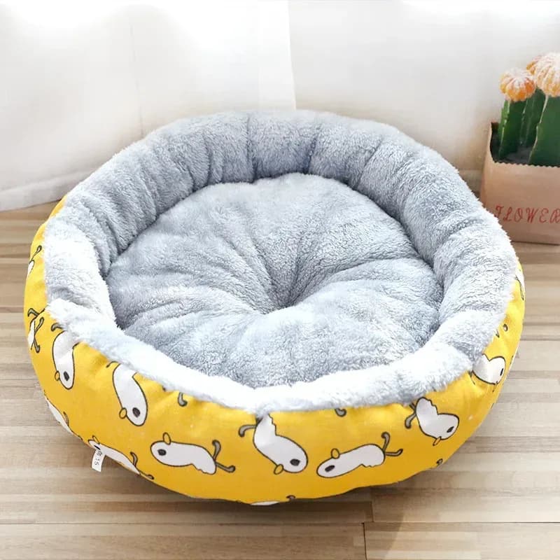 round plush dog bed with yellow duck print sides