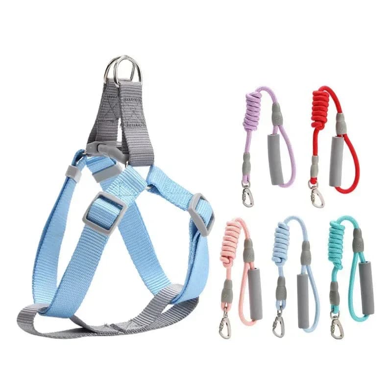 pastel dog harness in sky blue with rope leashes in five colors