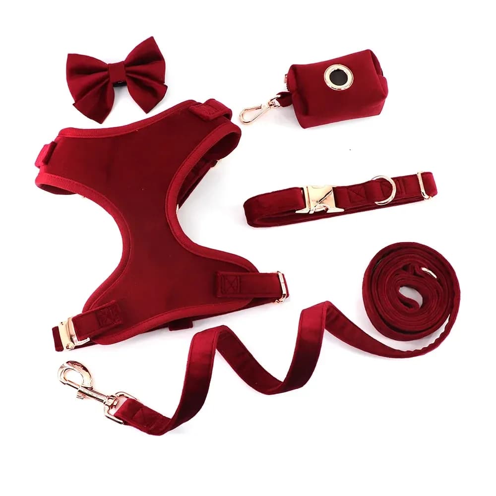 velvet dog harness set in wine red with leash, collar, bow tie and poop bag holder