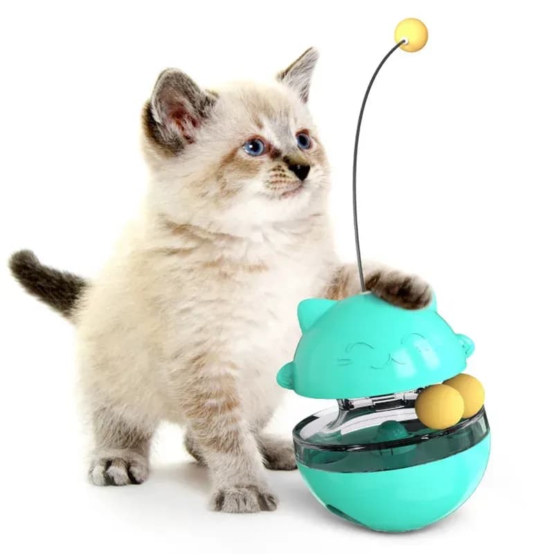 kitten with a turquoise cat tumbler treat ball toy