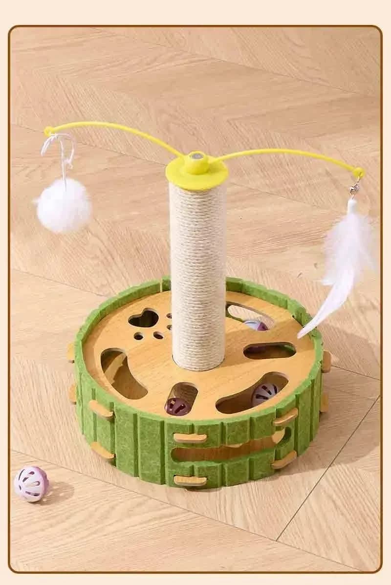 felt cat ball track toy with sisal scratching post and teaser arms