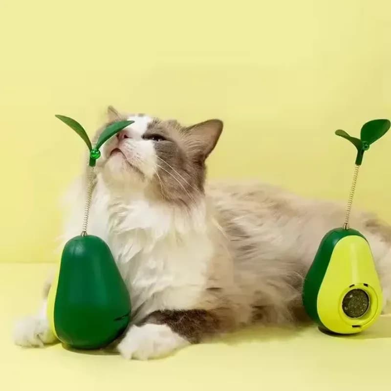 cat playing with the avocado cat toy and its leaf teaser