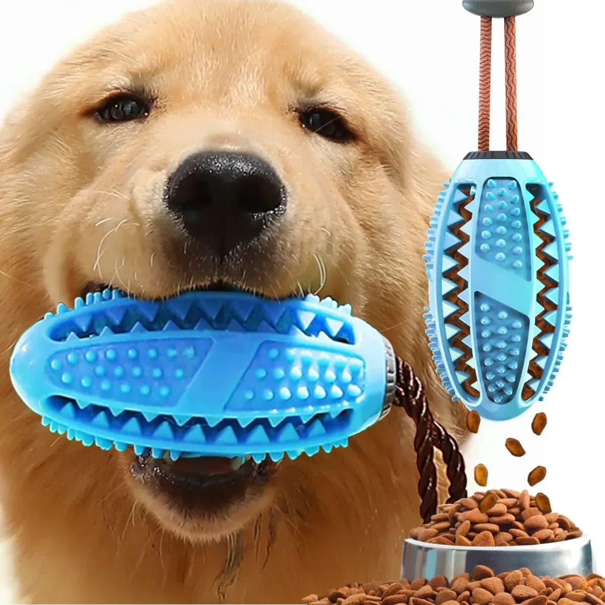 dog chew toothbrush toy in blue held by a golden retriever