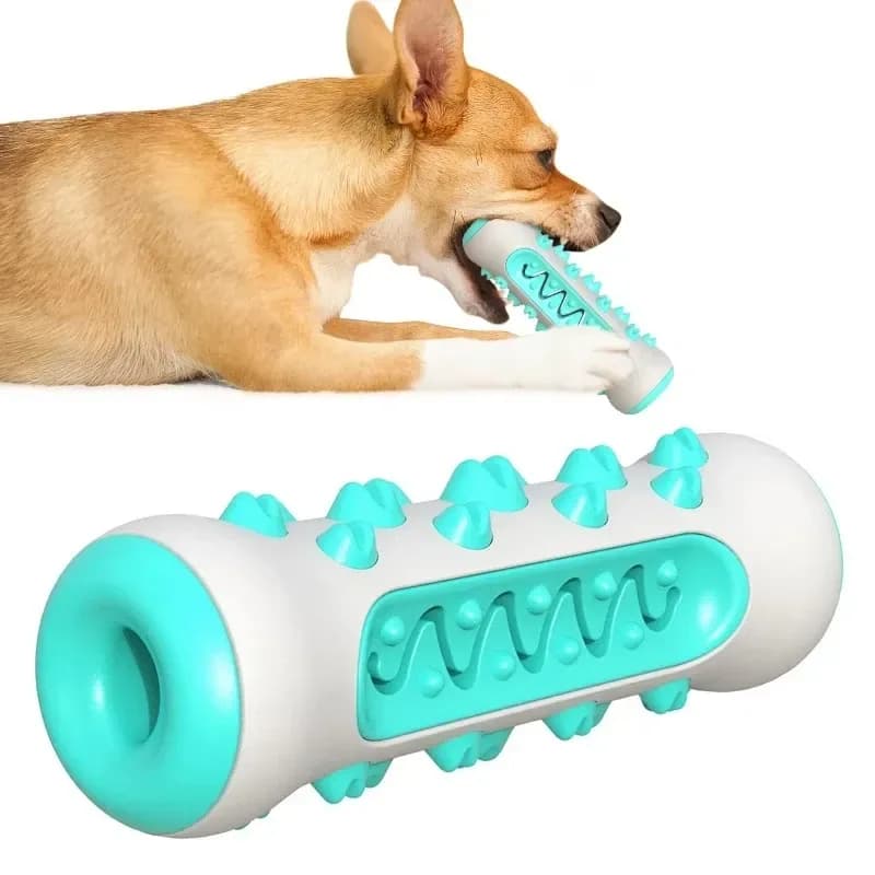 rubber dog toothbrush chew stick with a dog chewing it