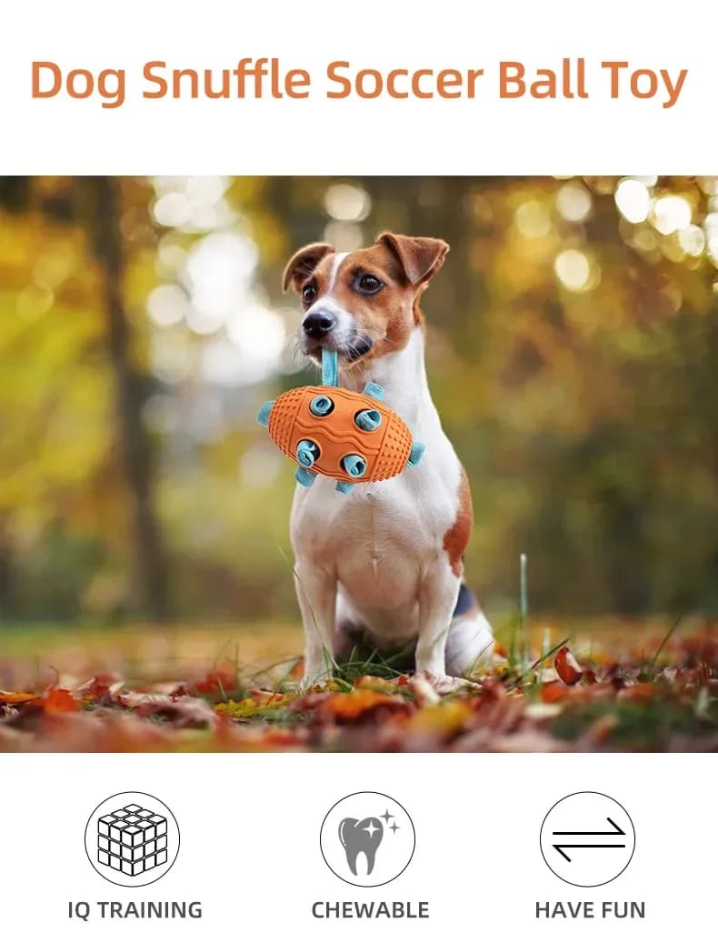 terrier carrying an orange dog snuffle ball toy