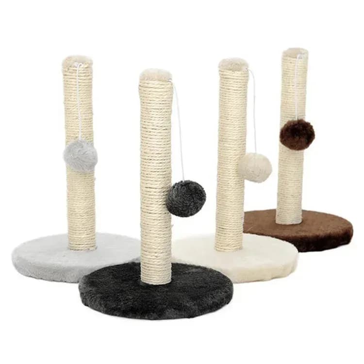 sisal cat scratching post in four colours with pom pom balls