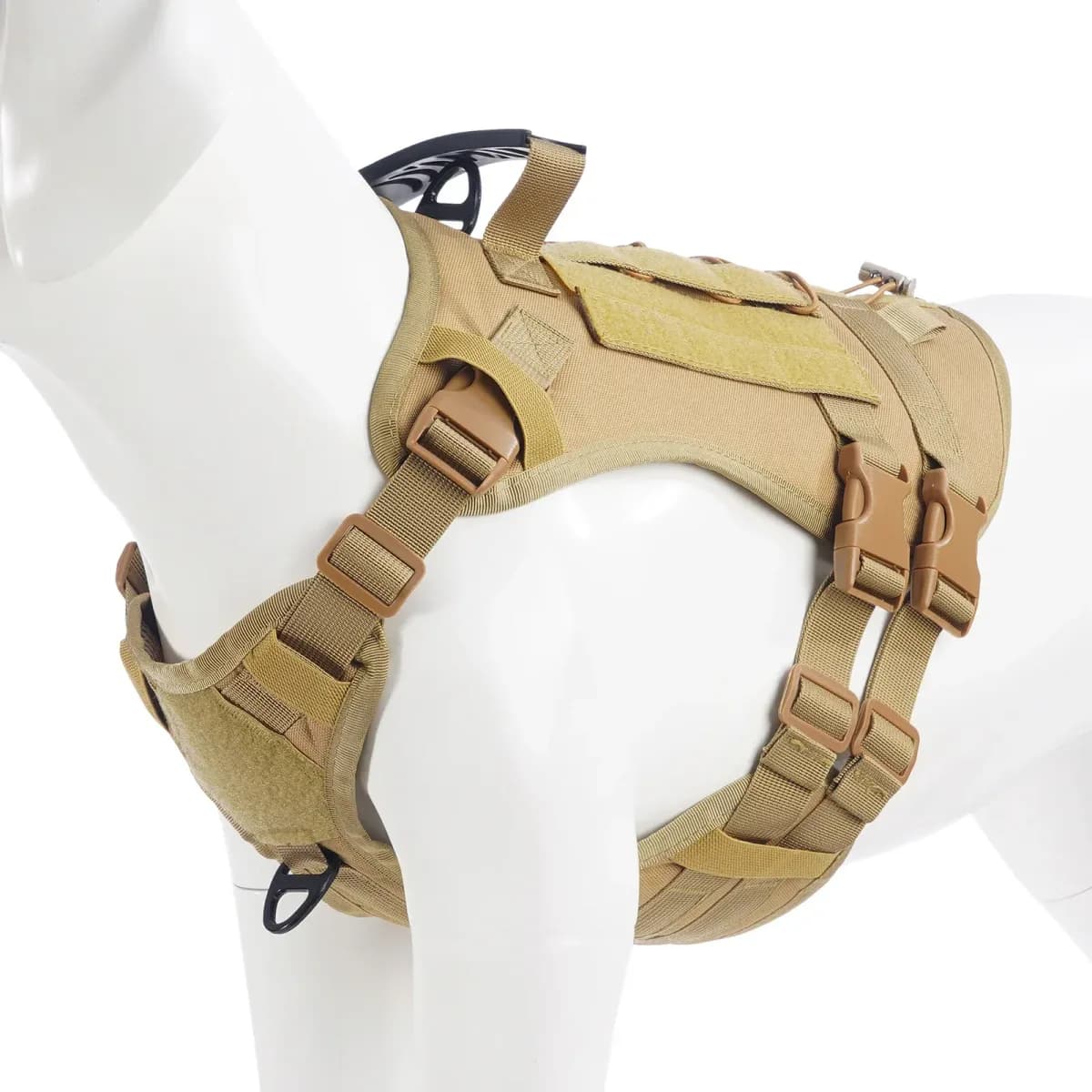 tactical dog harness in coyote tan on a dog model
