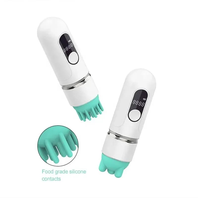 cordless pet massager in white with teal silicone heads