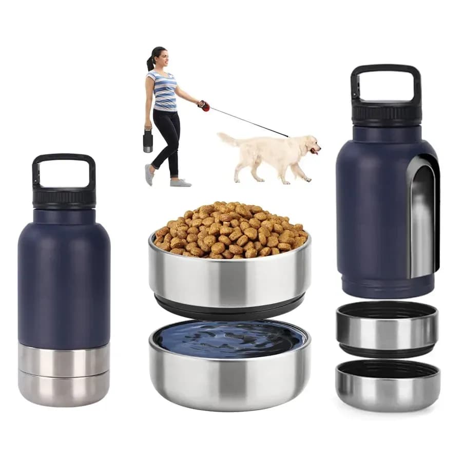 32 oz insulated dog water bottle with two bowls holding food and water